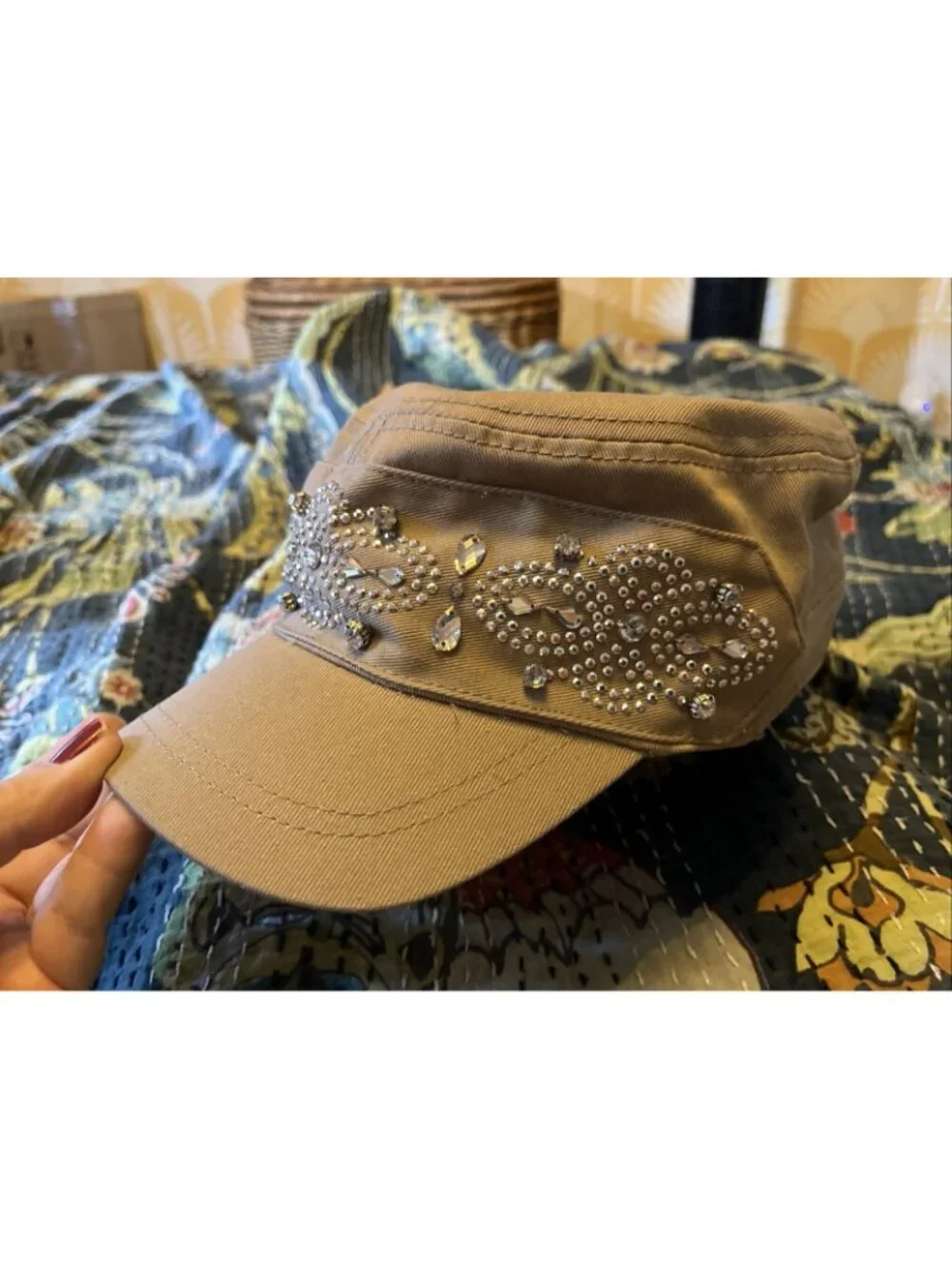 Scala Pronto Hat Army Style Cap Beige Silver Rhinestone Studded Glam Cotton OS